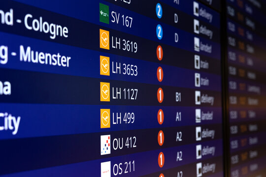 Airport Frankfurt am Main, Germany, April 11, 2026. - Arrival and departure board. Screen displaying information about flights, gates, airlines, flight status for passengers, travel destination.