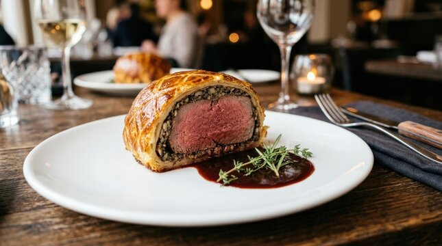 Perfectly cooked Beef Wellington close up on a white plate, gourmet meat dish with golden pastry crust and tender center, elegant restaurant presentation, soft light, realistic detail, no logos