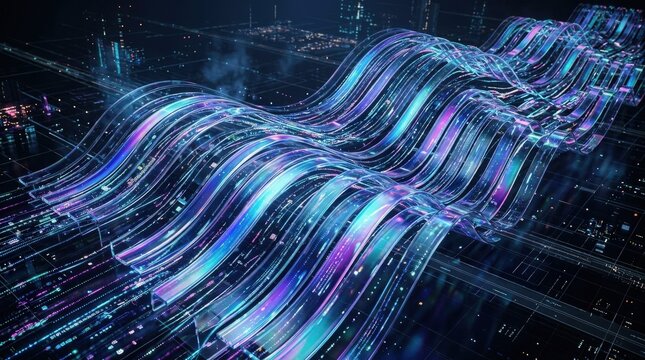 Rows of holographic transparent glass curves create a wave-like network on a 3D background, iridescent gradient motion, futuristic data-array rhythm, ultra-realistic, no logos.