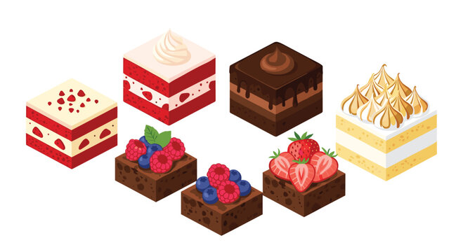 A delicious assortment of isometric dessert squares features red velvet cake, rich chocolate fudge, and brownies topped with fresh raspberries and strawberries.