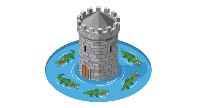 A sturdy grey stone castle tower is surrounded by a circular blue moat where several green crocodiles swim menacingly in the clear water.