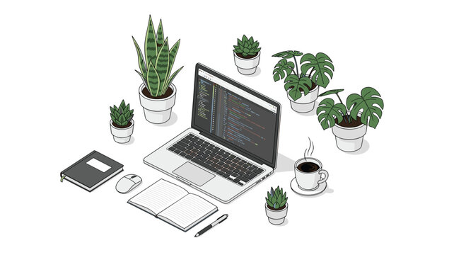 A meticulous isometric workspace features a laptop displaying lines of code surrounded by lush green plants and a steaming cup of dark coffee.
