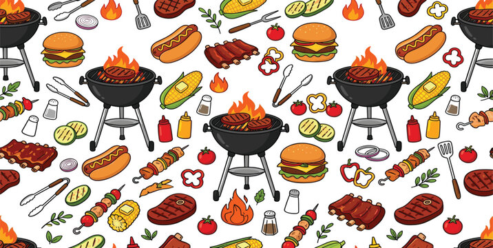Barbecue grill seamless pattern with kettle grills burgers hot dogs ribs steaks skewers corn and BBQ tools vector illustration for summer cookout and picnic background