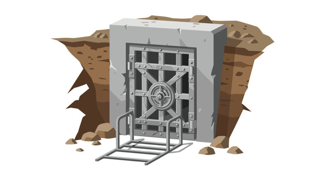 A massive reinforced metal vault door with a complex circular locking mechanism is built into a concrete frame deep within an earthen excavation.