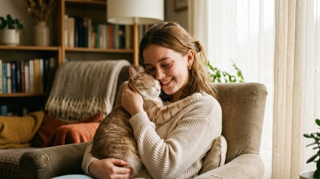 Girl with cat showing tender affection, warm companionship concept, gentle embrace, soft light, charming emotional scene, no logos
