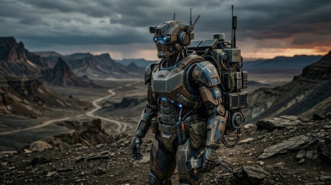Close up of a futuristic robot with a backpack standing in a desolate landscape, advanced technology explorer concept, cinematic sci fi scene with moody horizon, realistic detail, no logos