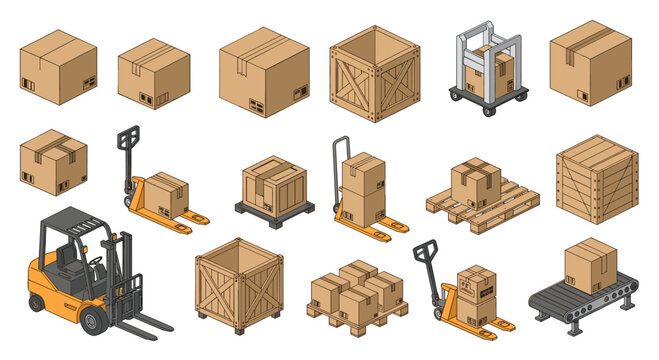 A comprehensive set of isometric logistics equipment featuring orange forklifts and various cardboard boxes arranged neatly on a clean white background.