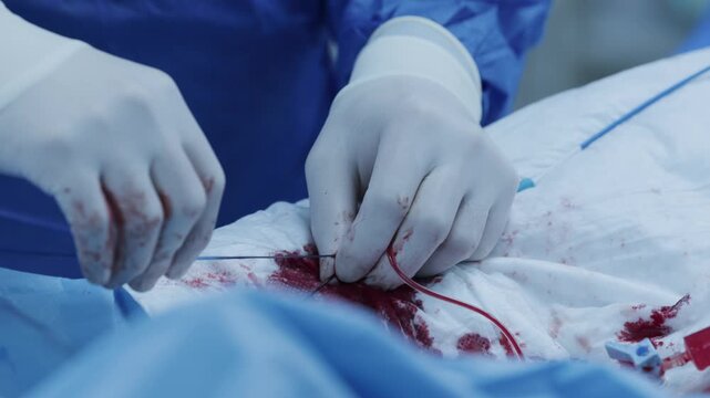 Cardiac surgery closeup of surgeon hands performing catheter procedure.