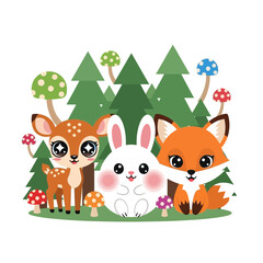 Fototapeta premium Cute cartoon deer rabbit and fox characters standing in a forest with colorful mushrooms isolated on transparent background for creative children projects and digital design