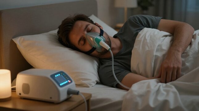 A man lies in bed using a CPAP machine with an oxygen mask to assist his breathing while resting.