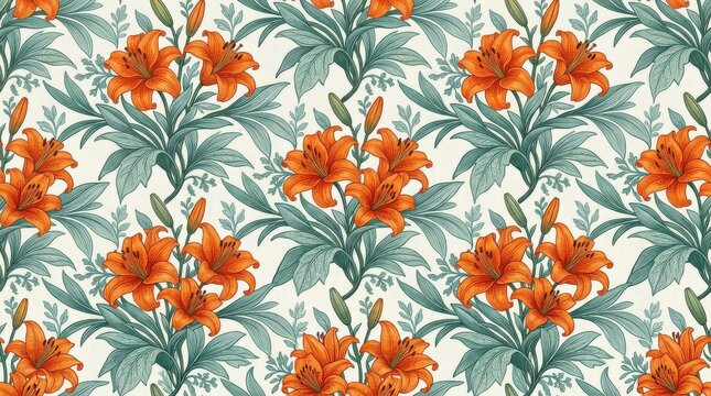 Seamless floral pattern with vibrant orange lilies and muted blue green leaves, elegant botanical surface design, balanced decorative repeat, no logos
