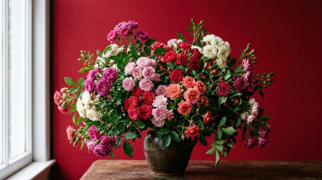 Polyantha rose flowers on vivid red background, bold floral arrangement, romantic botanical concept, rich color contrast, studio lighting, realistic detail, no logos