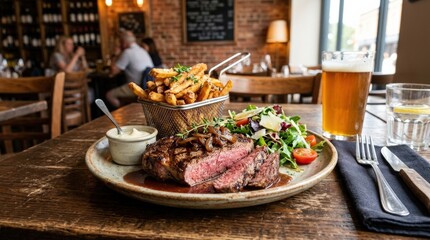 Obraz premium Savory restaurant dish with fries, hearty plated meal, casual gourmet lunch concept, realistic food photography, no logos