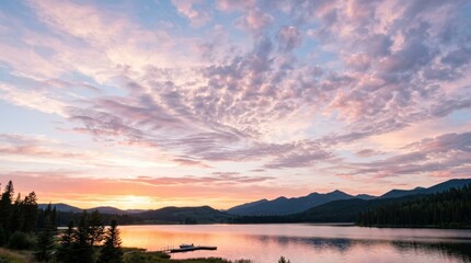 Fototapeta premium Beautiful clouds and a cotton candy sky at sunset, dreamy pastel atmosphere with soft pink and blue tones, serene nature background, glowing horizon, airy composition, delicate light, tranquil mood