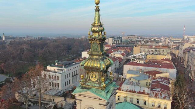 Aerial around view of St. Michael Cathedral in Belgrade downtown, Serbian church, 4k