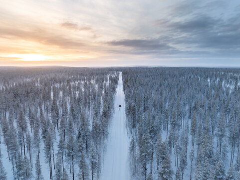 Aerial view of a snow-covered coniferous forest with a straight road under a soft sunset sky in Lapland, Finland.