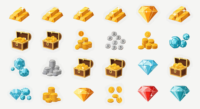 Collection of various treasure icons, including gold bars, chests, and gems, for game design.