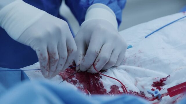 Cardiothoracic surgeon performing catheter manipulation during open heart procedure.