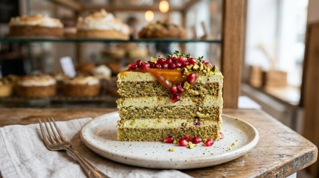 Pistachio cake slice topped with pomegranate seeds and caramel drizzle, elegant dessert with creamy layers and rich texture, bakery showcase, appetizing close up, soft light, premium food styling, no