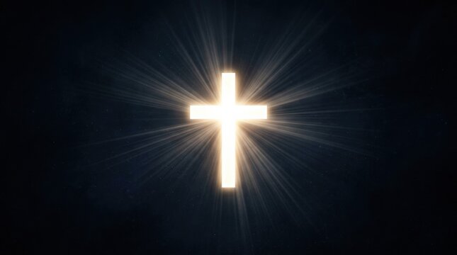 Glowing white cross symbol with light rays on a dark background, spiritual faith concept with radiant sacred glow and solemn atmosphere, no logos