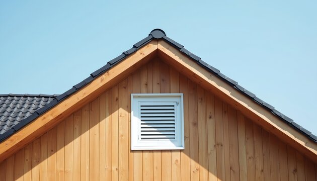 White louvered vent installed on wooden house gable under clear blue sky. Gable roof with dark tiles contrasts with natural wood siding detail.