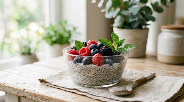 Healthy chia seed pudding with fresh berries and mint, nutritious breakfast or dessert concept with clean food styling and natural light, realistic detail, no logos