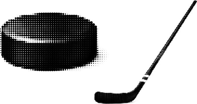 Halftone vector image of hockey stick and puck in retro dotted grunge style