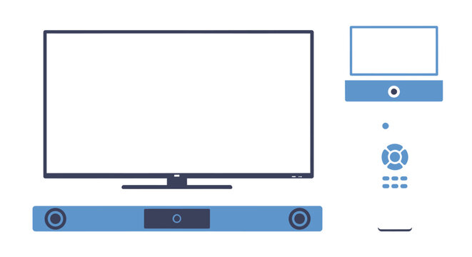 Modern home entertainment system setup with television, soundbar, and remote control.