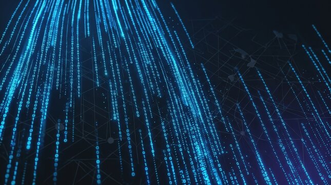 Blue dotted binary code on dark background, digital data concept, technology, programming, information flow, cybersecurity, abstract tech pattern, luminous gradient detail, no logos