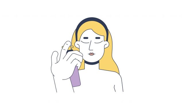 Acne treatment and facial skin healing 2D animation. Beauty therapy. Caucasian woman spraying on face for blemish care animated character cartoon flat concept explainer 4K video isolated on white