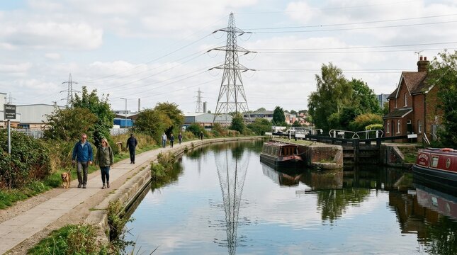 Enfield Lock canal with an electric pylon and people walking, peaceful waterside scene with urban infrastructure and everyday activity, natural daylight, realistic landscape detail, no logos