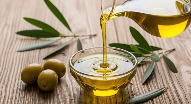 Fresh olive oil pouring into a glass bowl from a jug with organic green olives and leaves on a rustic wooden table for healthy cooking