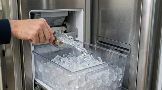 Filling an ice maker with fresh ice cubes, kitchen appliance use and cold storage concept, clean close-up detail, realistic lighting, no logos