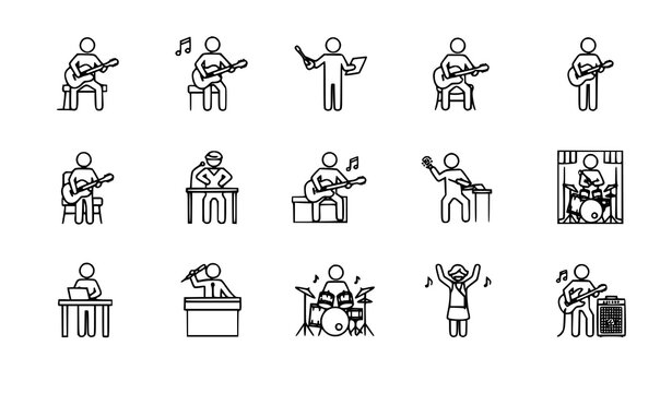 Guitar player stick figure icon set music lesson performance vector isolated on white background