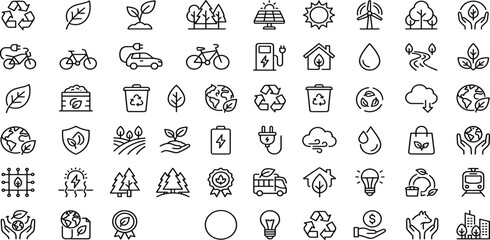 Ecology and Sustainable Lifestyle Line Icon Set Featuring Renewable Energy Carbon Reduction Recycling Waste Management Green Building Natural Resource Conservation © MDRIFAT