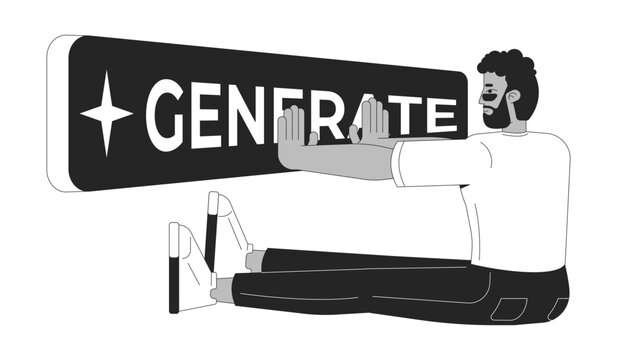 Generative AI for content generation line illustration concept. Black man activating artificial intelligence with generate button outline 2D character isolated. Ink linear metaphor vector art