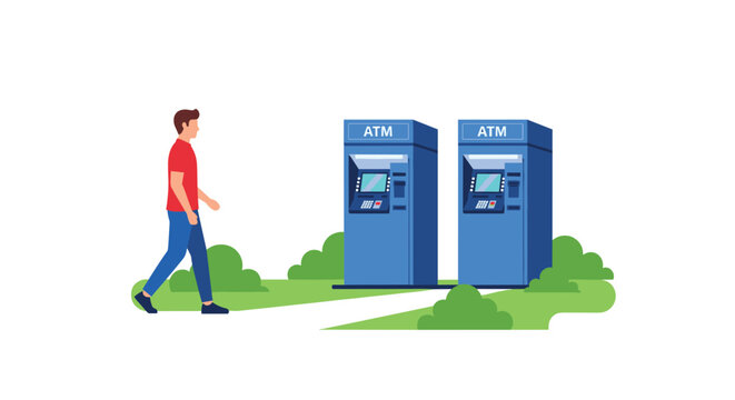 A casual man wearing a red shirt and blue trousers walks along a green landscaped path toward two modern blue automated teller machines outdoors.