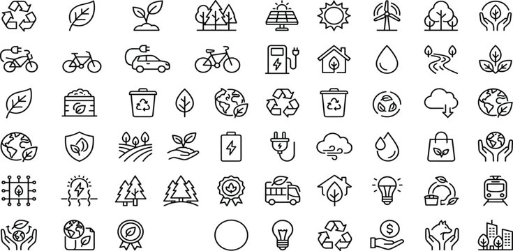 Ecology and Sustainable Lifestyle Line Icon Set Featuring Renewable Energy Carbon Reduction Recycling Waste Management Green Building Natural Resource Conservation