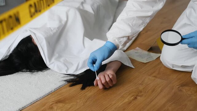 Forensic expert in protective gear examines evidence at a murder scene with a body covered in a white sheet and caution tape marking the area