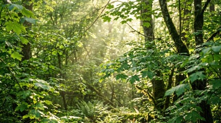 Obraz premium Forest foliage with soft sunlight filtering through lush green leaves, peaceful nature background with fresh calming atmosphere and vibrant organic texture, ideal for wellness or ecology concepts,