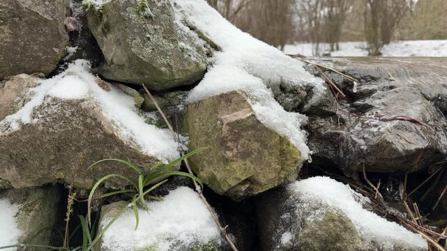 Crisp white snow rests on ancient, mossy stones near a flowing creek. This peaceful scene evokes a feeling of quiet wonder and cold refreshment.