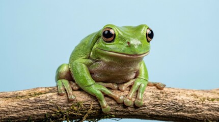 Naklejka premium Smiling green frog with big eyes on a light blue background, playful animal portrait with clean studio simplicity, cheerful wildlife character feel, soft natural light, realistic texture, crisp focus,