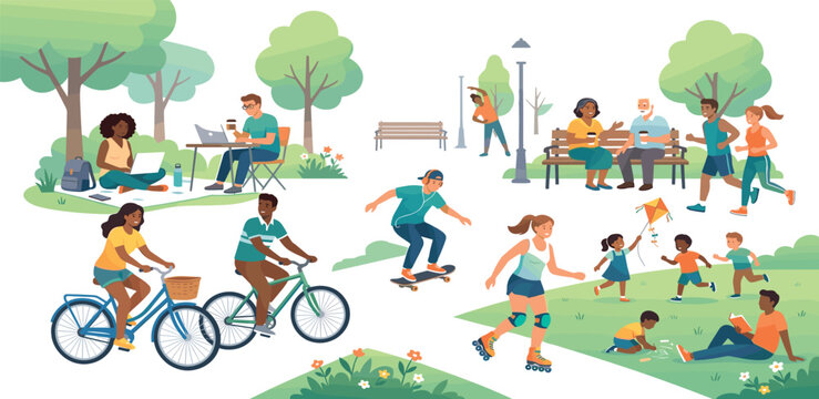 Flat vector illustration of diverse people enjoying various outdoor park activities like cycling running skateboarding rollerblading and relaxing in nature for urban lifestyle concepts.