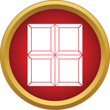 White outline of a chocolate bar organized into four squares within a red circle