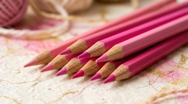 Macro shot of pink colored pencils with sharpened tips, creative stationery arrangement with vivid color and crisp texture, close up design background, no logos