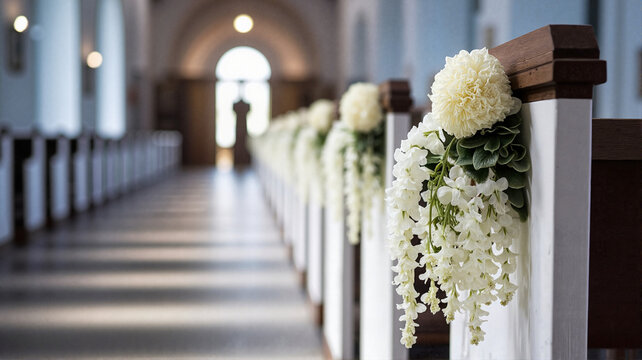 Wedding flowers decorating pews in church aisle with soft lighting  