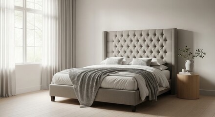 Fototapeta premium Elegant bedroom interior featuring a luxurious upholstered bed with a tall headboard and neutral palette