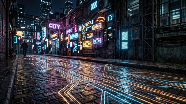 Network of glowing connections on a brick pathway, neon urban wall background, urban technology backdrop with rich surface detail, moody reflections, balanced composition, realistic lighting, crisp