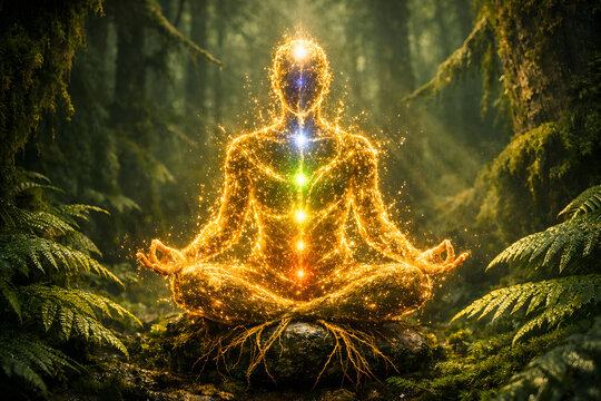 Glowing golden silhouette of a person meditating in a lush forest with colorful chakra points. Concept of prana energy, spiritual healing, mindfulness, and zen inner peace.