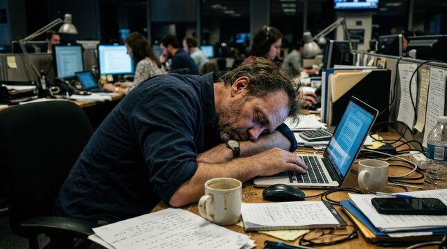 A burnt-out male journalist slumped at a newsroom desk, head drooping toward the keyboard, screen glow on his face, messy desk, heavy exhaustion and deadline fatigue atmosphere, ultra-realistic, no